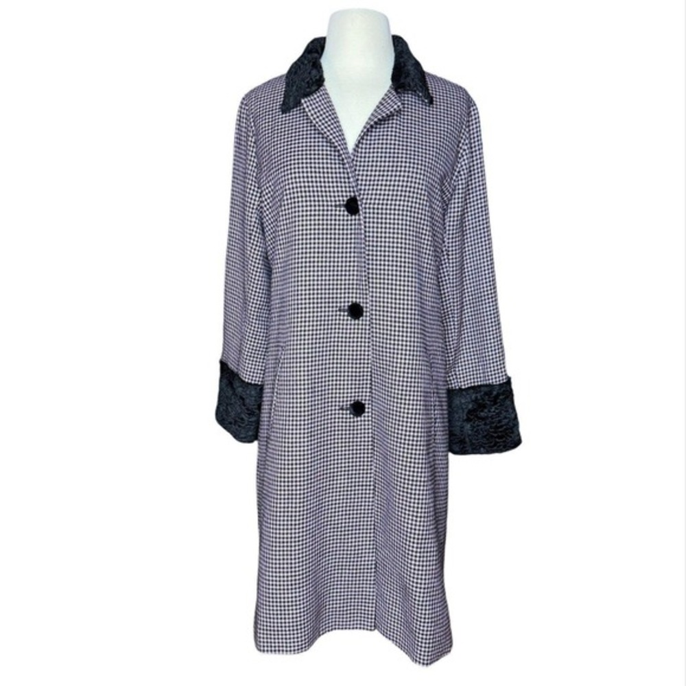 Pamela Barish Silk Houndstooth Coat‎ w/ Faux Astrakhan Trim – Sz 6 (Rare)